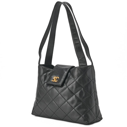 CHANEL Shoulder Bag  Matelassé Caviar Skin Black Coco Mark Turnlock Bicolore Gold-Tone Hardware, Pre-Owned