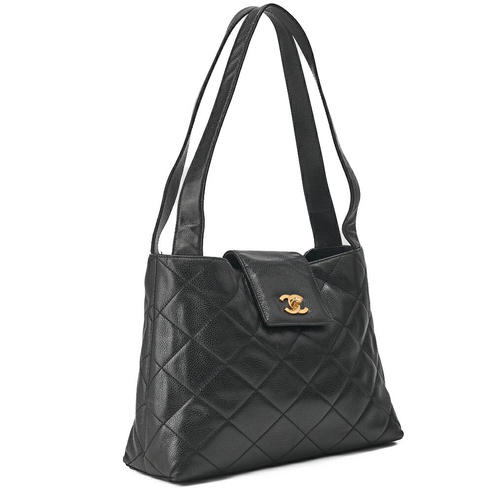 CHANEL Shoulder Bag  Matelassé Caviar Skin Black Coco Mark Turnlock Bicolore Gold-Tone Hardware, Pre-Owned