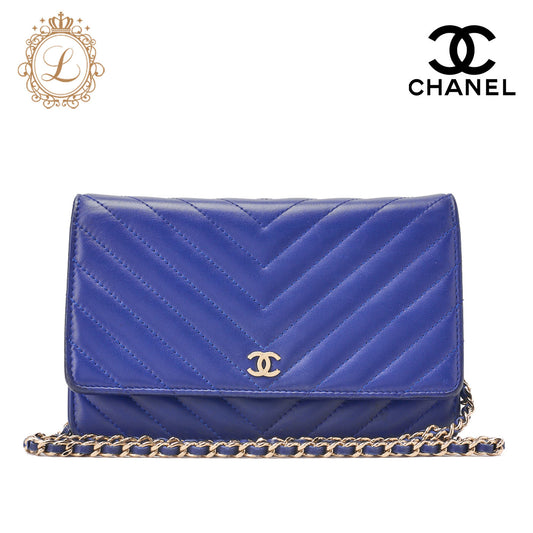 CHANEL Chain Wallet Matelassé V-Stitch Lambskin Navy Gold-Tone Hardware, Pre-Owned