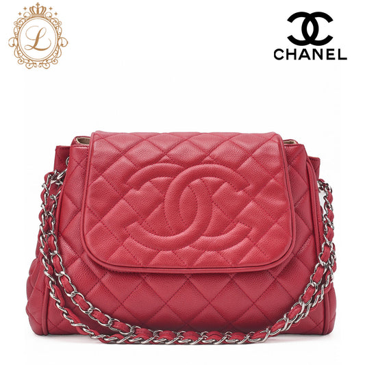 CHANEL Matelassé Coco Mark Chain Shoulder Bag Caviar Skin Red Silver-Tone Hardware, Pre-Owned