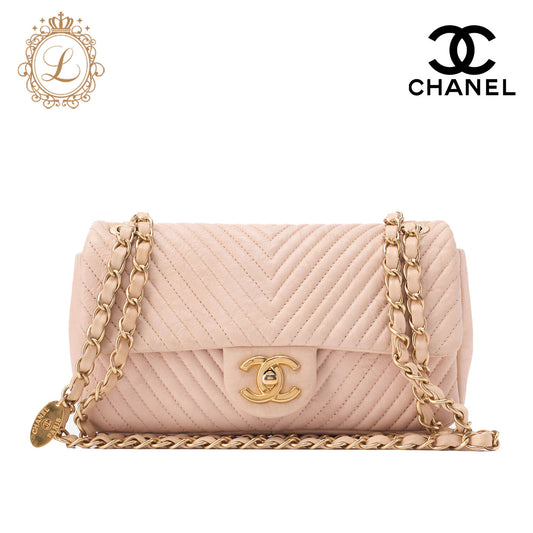 CHANEL Shoulder Bag Calfskin V-Stitch Beige Turnlock Single Flap Gold-Tone Hardware, Pre-Owned