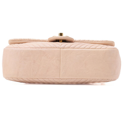 CHANEL Shoulder Bag Calfskin V-Stitch Beige Turnlock Single Flap Gold-Tone Hardware, Pre-Owned