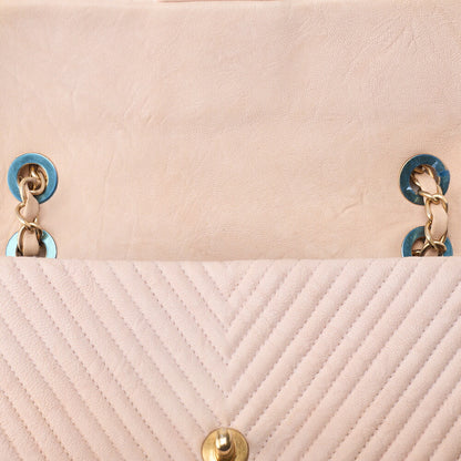CHANEL Shoulder Bag Calfskin V-Stitch Beige Turnlock Single Flap Gold-Tone Hardware, Pre-Owned