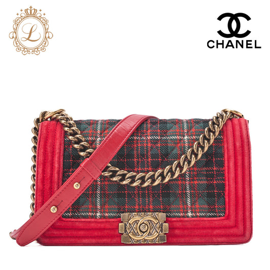 CHANEL Boy Chanel Matelassé Chain Shoulder Cotton x Pelore Red ｘ Multicolor Gold-Tone Hardware, Pre-Owned