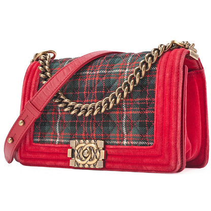 CHANEL Boy Chanel Matelassé Chain Shoulder Cotton x Pelore Red ｘ Multicolor Gold-Tone Hardware, Pre-Owned