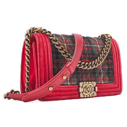 CHANEL Boy Chanel Matelassé Chain Shoulder Cotton x Pelore Red ｘ Multicolor Gold-Tone Hardware, Pre-Owned