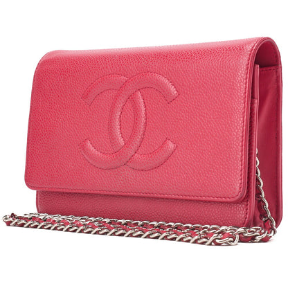 CHANEL Shoulder Bag Chain Wallet Caviar Skin Rose Pink Silver-Tone Hardware, Pre-Owned