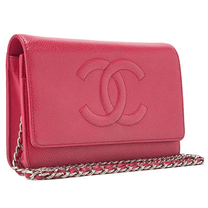 CHANEL Shoulder Bag Chain Wallet Caviar Skin Rose Pink Silver-Tone Hardware, Pre-Owned