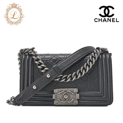 CHANEL Boy Chanel Diamond Stitch Chain Shoulder Calfskin Black Mini Size Silver-Tone Hardware, Pre-Owned