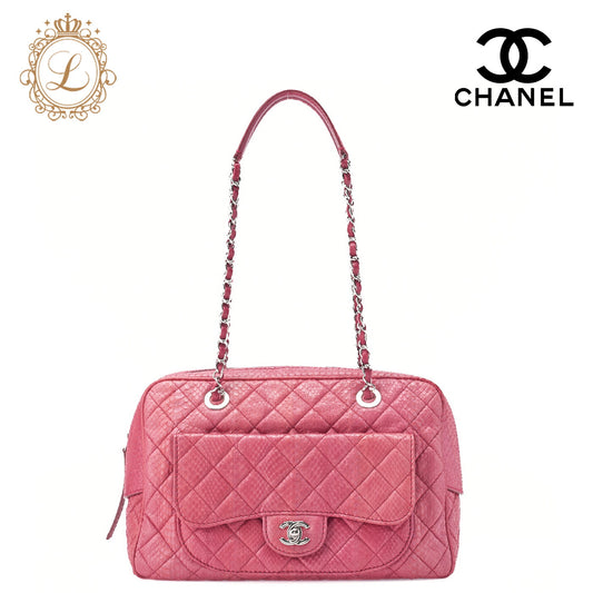 CHANEL Matelassé Outside Flap Chain Shoulder Python Pink Silver-Tone Hardware, Pre-Owned