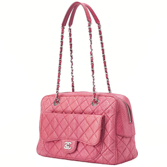 CHANEL Matelassé Outside Flap Chain Shoulder Python Pink Silver-Tone Hardware, Pre-Owned
