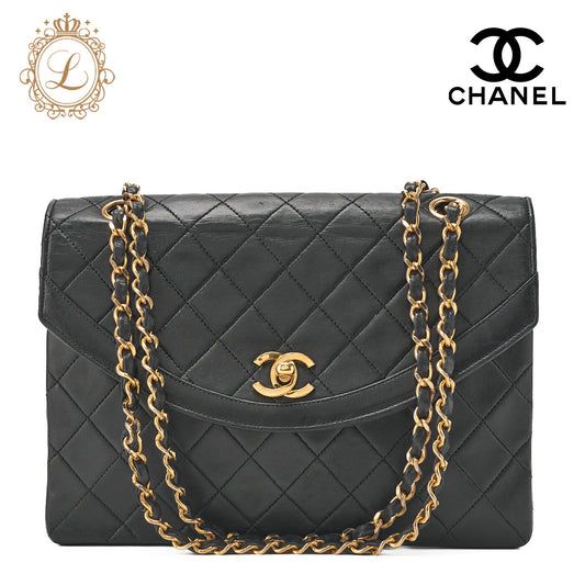 CHANEL Chain Shoulder Bag Matelassé Design Flap Lambskin Black Gold-Tone Hardware, Pre-Owned