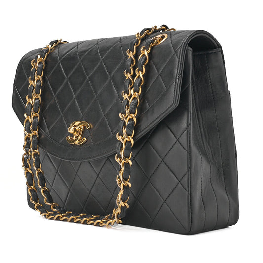 CHANEL Chain Shoulder Bag Matelassé Design Flap Lambskin Black Gold-Tone Hardware, Pre-Owned