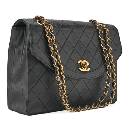 CHANEL Chain Shoulder Bag Matelassé Design Flap Lambskin Black Gold-Tone Hardware, Pre-Owned