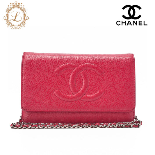 CHANEL Shoulder Bag Chain Wallet Caviar Skin Rose Pink Silver-Tone Hardware, Pre-Owned