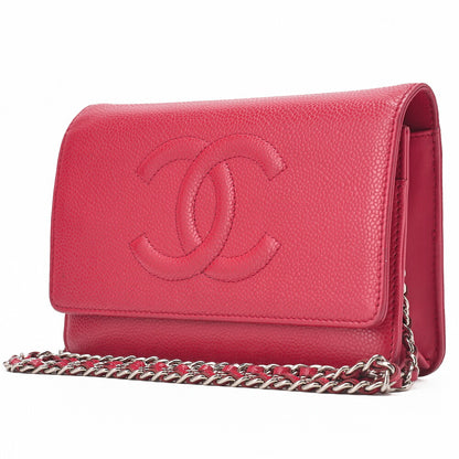 CHANEL Shoulder Bag Chain Wallet Caviar Skin Rose Pink Silver-Tone Hardware, Pre-Owned