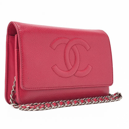 CHANEL Shoulder Bag Chain Wallet Caviar Skin Rose Pink Silver-Tone Hardware, Pre-Owned