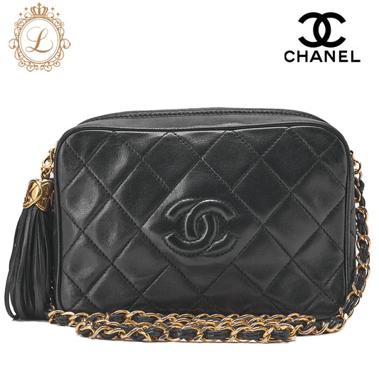 CHANEL Matelassé Coco Mark Fringe Chain Shoulder Lambskin Black Gold-Tone Hardware, Pre-Owned