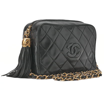 CHANEL Matelassé Coco Mark Fringe Chain Shoulder Lambskin Black Gold-Tone Hardware, Pre-Owned