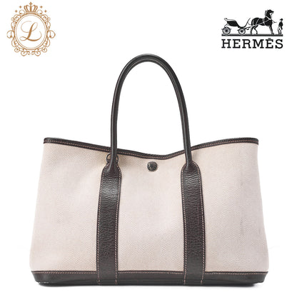 HERMES Garden Party TPM Bag Tooise Ivory ｘ Brown Silver-Tone Hardware, Pre-Owned