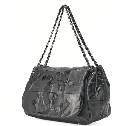 CHANEL Chain Shoulder Bag Cocomark Patchwork Full Flap Lambskin x Enamel Black Silver-Tone Hardware, Pre-Owned