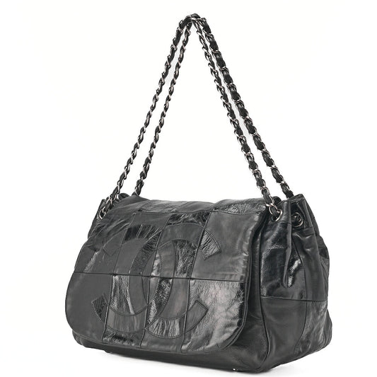 CHANEL Chain Shoulder Bag Cocomark Patchwork Full Flap Lambskin x Enamel Black Silver-Tone Hardware, Pre-Owned