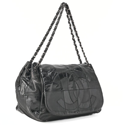 CHANEL Chain Shoulder Bag Cocomark Patchwork Full Flap Lambskin x Enamel Black Silver-Tone Hardware, Pre-Owned