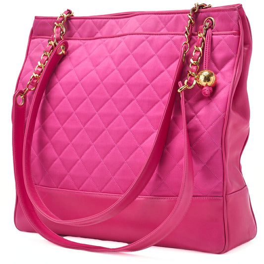 CHANEL Shoulder Bag Matelasse Ball Charm Satin x  Lambskin Pink Large Size Gold-Tone Hardware, Pre-Owned