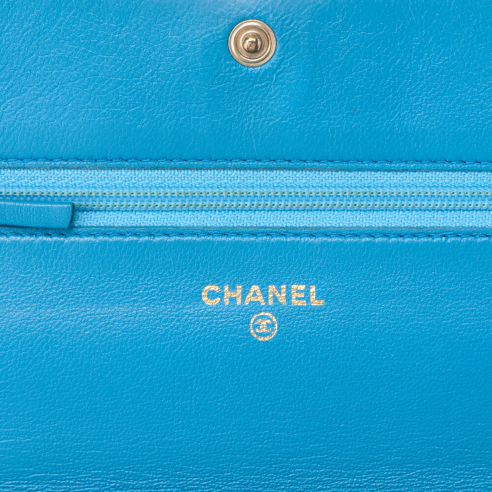 CHANEL Chain Shoulder Chain Wallet Camellia Lambskin Turquoise Gold-Tone Hardware, Pre-Owned