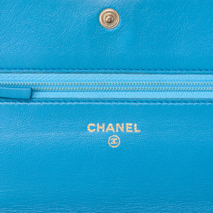 CHANEL Chain Shoulder Chain Wallet Camellia Lambskin Turquoise Gold-Tone Hardware, Pre-Owned