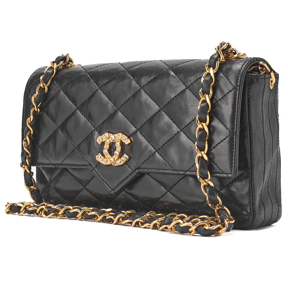 CHANEL Chain Shoulder Bag Matlasse Lambskin Rheinstone Pushlock Black Gold-Tone Hardware, Pre-Owned