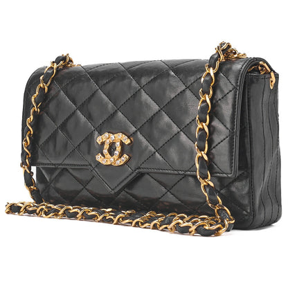 CHANEL Chain Shoulder Bag Matlasse Lambskin Rheinstone Pushlock Black Gold-Tone Hardware, Pre-Owned