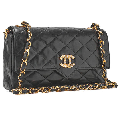 CHANEL Chain Shoulder Bag Matlasse Lambskin Rheinstone Pushlock Black Gold-Tone Hardware, Pre-Owned