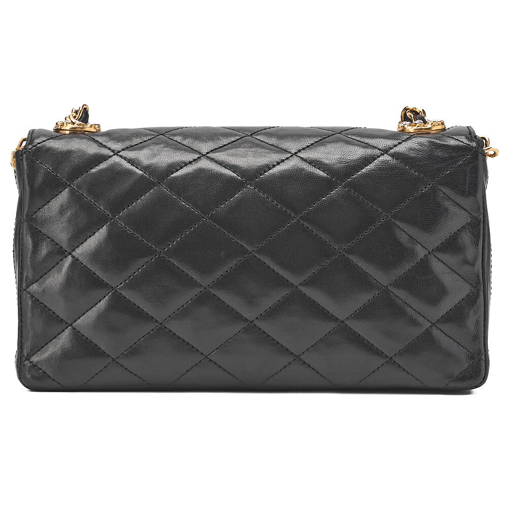 CHANEL Chain Shoulder Bag Matlasse Lambskin Rheinstone Pushlock Black Gold-Tone Hardware, Pre-Owned
