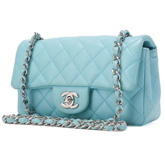 CHANEL Chain Shoulder Bag Mini Matrasse 20cm Lambskin Single Flap Turnlock Light Blue Silver-Tone Hardware, Pre-Owned