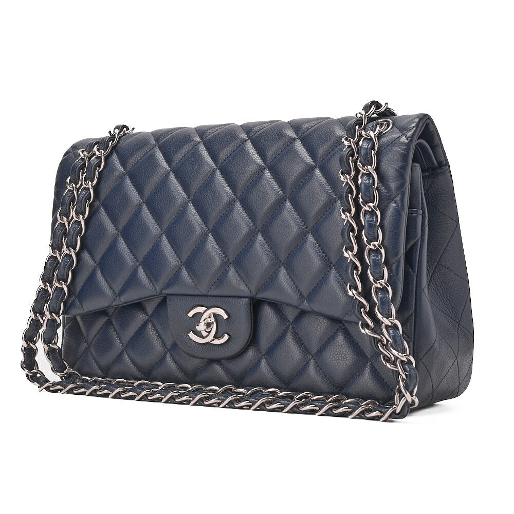 CHANEL Chain Shoulder Bag Double Flap Deca Matasse 30cm Caviar Skin Navy Silver-Tone Hardware, Pre-Owned