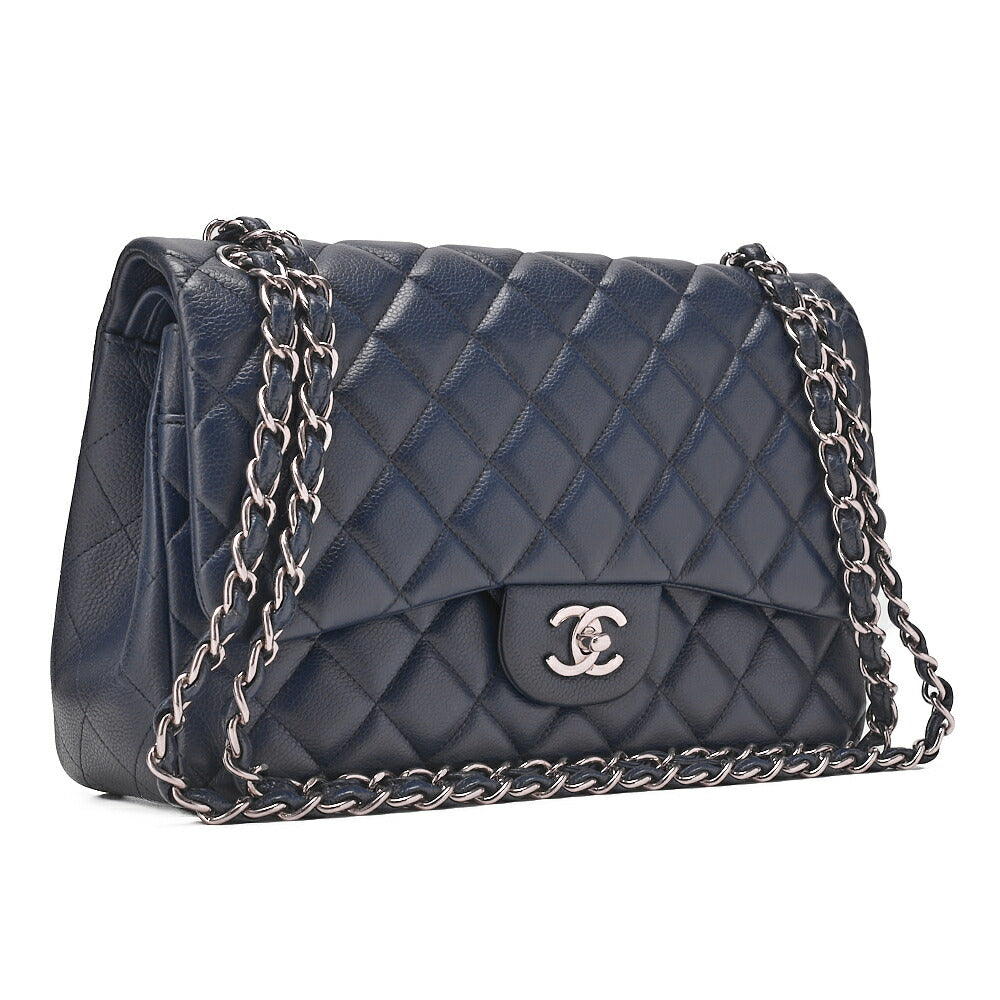 CHANEL Chain Shoulder Bag Double Flap Deca Matasse 30cm Caviar Skin Navy Silver-Tone Hardware, Pre-Owned