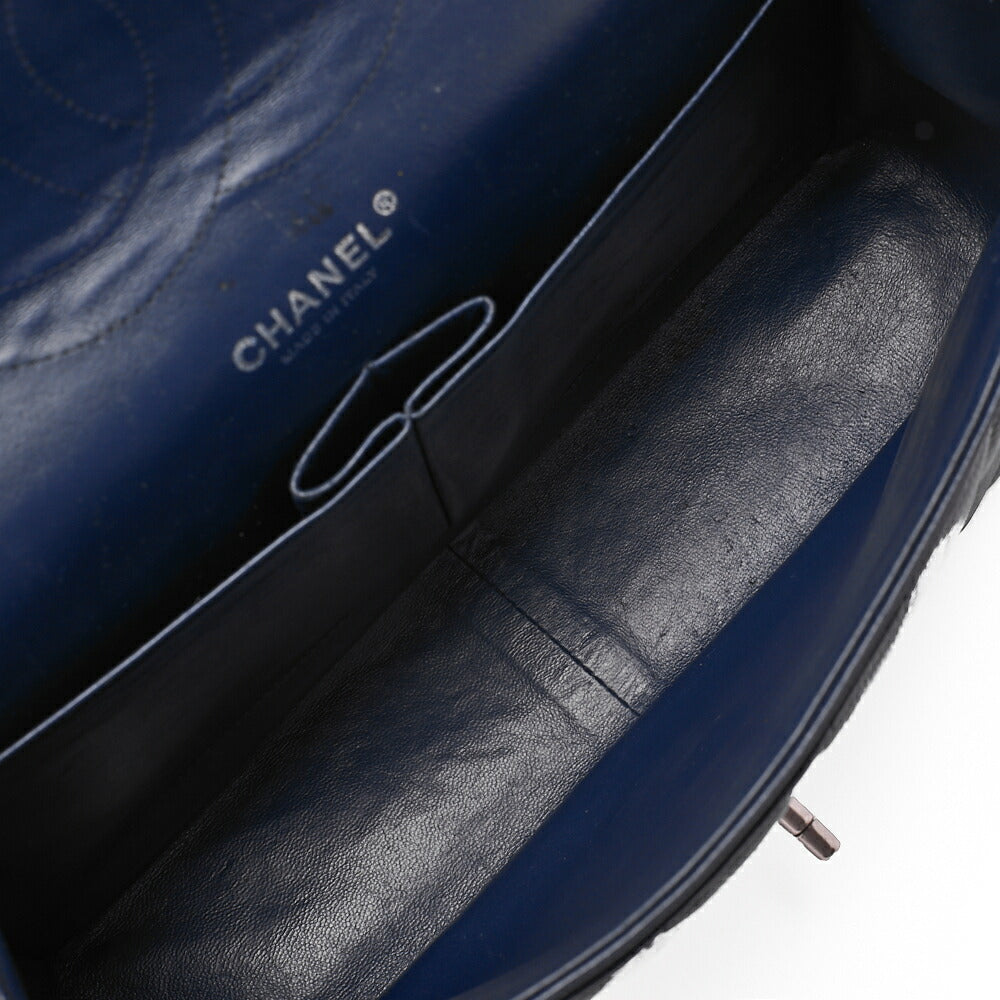 CHANEL Chain Shoulder Bag Double Flap Deca Matasse 30cm Caviar Skin Navy Silver-Tone Hardware, Pre-Owned