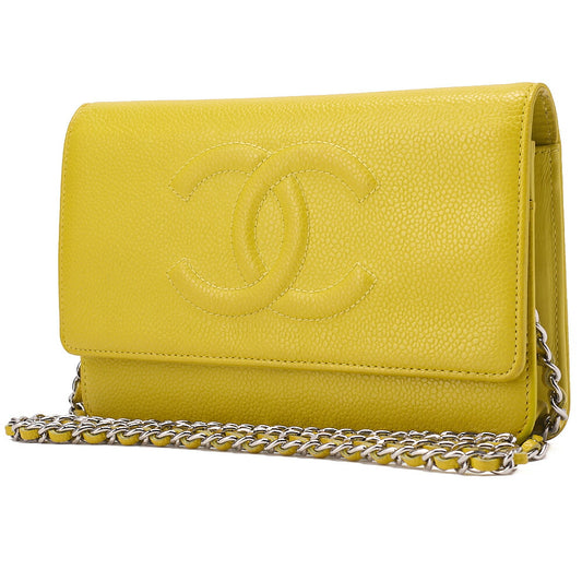 CHANEL Shoulder Bag Chain Wallet Caviar Skin Yellow Silver Fittings Push Lock Coco Mark Brand [Used] [Free Shipping]
