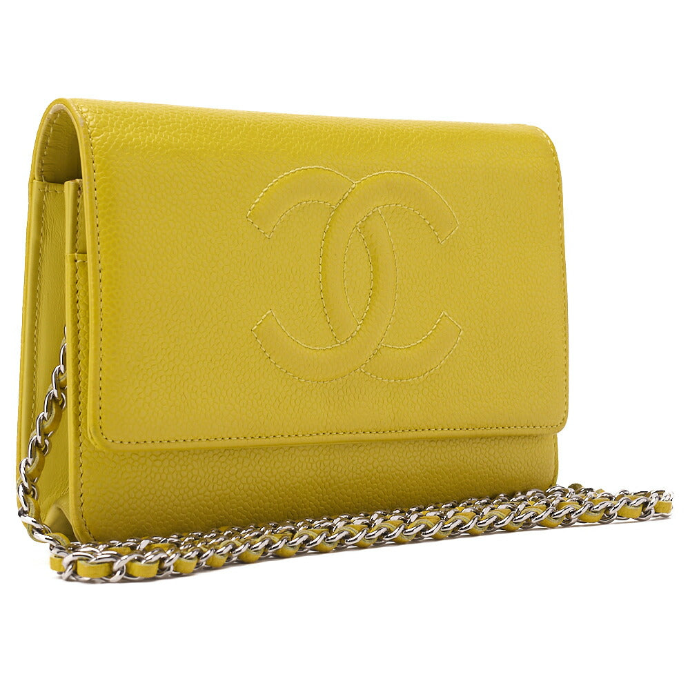 CHANEL Shoulder Bag Chain Wallet Caviar Skin Yellow Silver Fittings Push Lock Coco Mark Brand [Used] [Free Shipping]