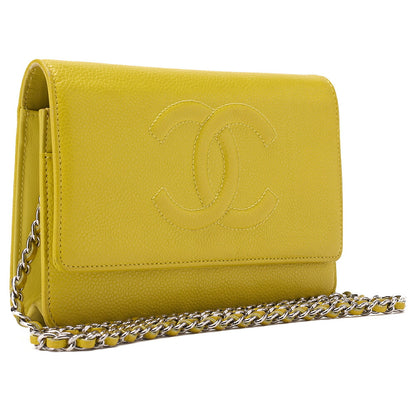 CHANEL Shoulder Bag Chain Wallet Caviar Skin Yellow Silver Fittings Push Lock Coco Mark Brand [Used] [Free Shipping]