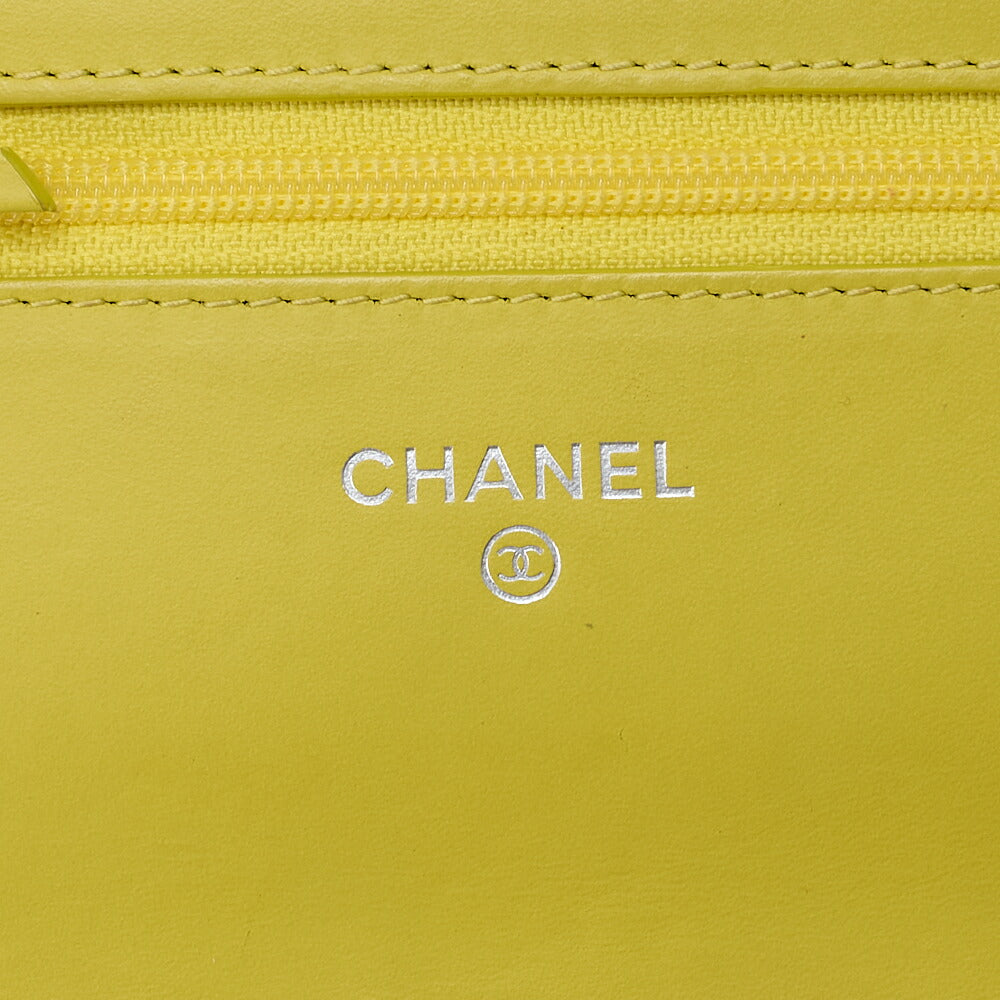 CHANEL Shoulder Bag Chain Wallet Caviar Skin Yellow Silver Fittings Push Lock Coco Mark Brand [Used] [Free Shipping]