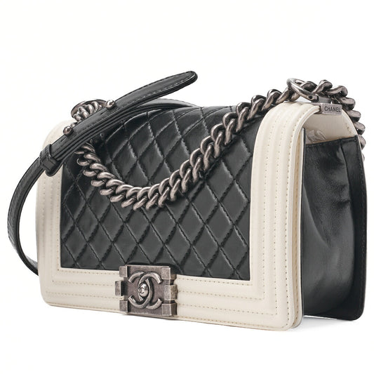 CHANEL Boy Chanel Matelasse Chain Shoulder Lambskin Black x White Silver-Tone Hardware, Pre-Owned