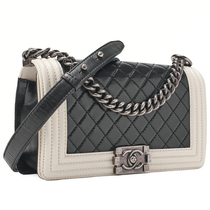 CHANEL Boy Chanel Matelasse Chain Shoulder Lambskin Black x White Silver-Tone Hardware, Pre-Owned