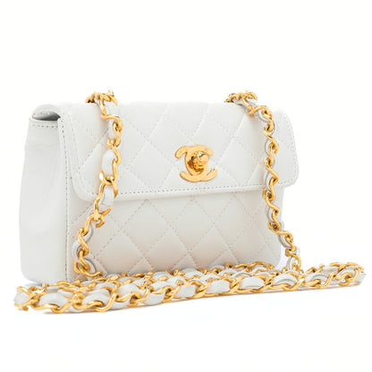 CHANEL Chain Shoulder Bag Mini Mini Matelasse Lambskin White Single Flap Turnlock Gold-Tone Hardware, Pre-Owned