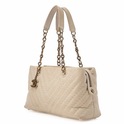 CHANEL V-Stitch Chain Shoulder Bag Sparkle Leather Ivory with Coco Charm Gold-Tone Hardware, Pre-Owned