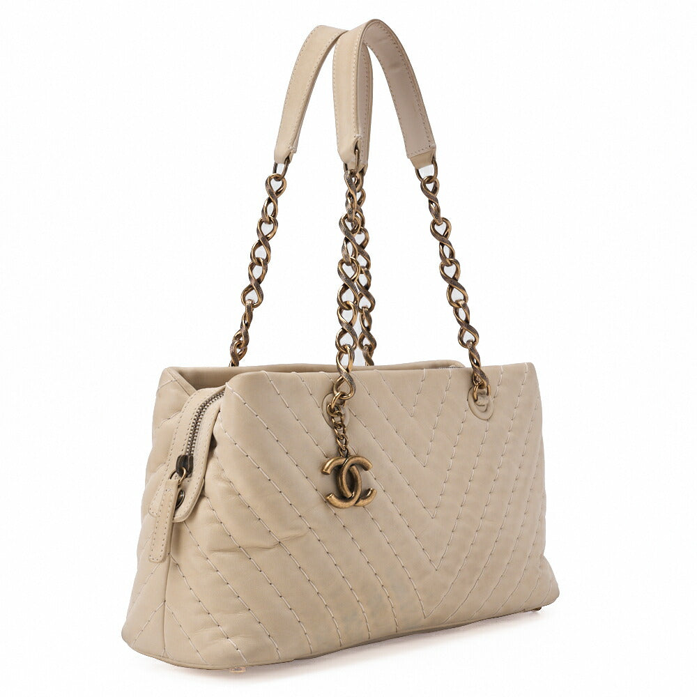CHANEL V-Stitch Chain Shoulder Bag Sparkle Leather Ivory with Coco Charm Gold-Tone Hardware, Pre-Owned