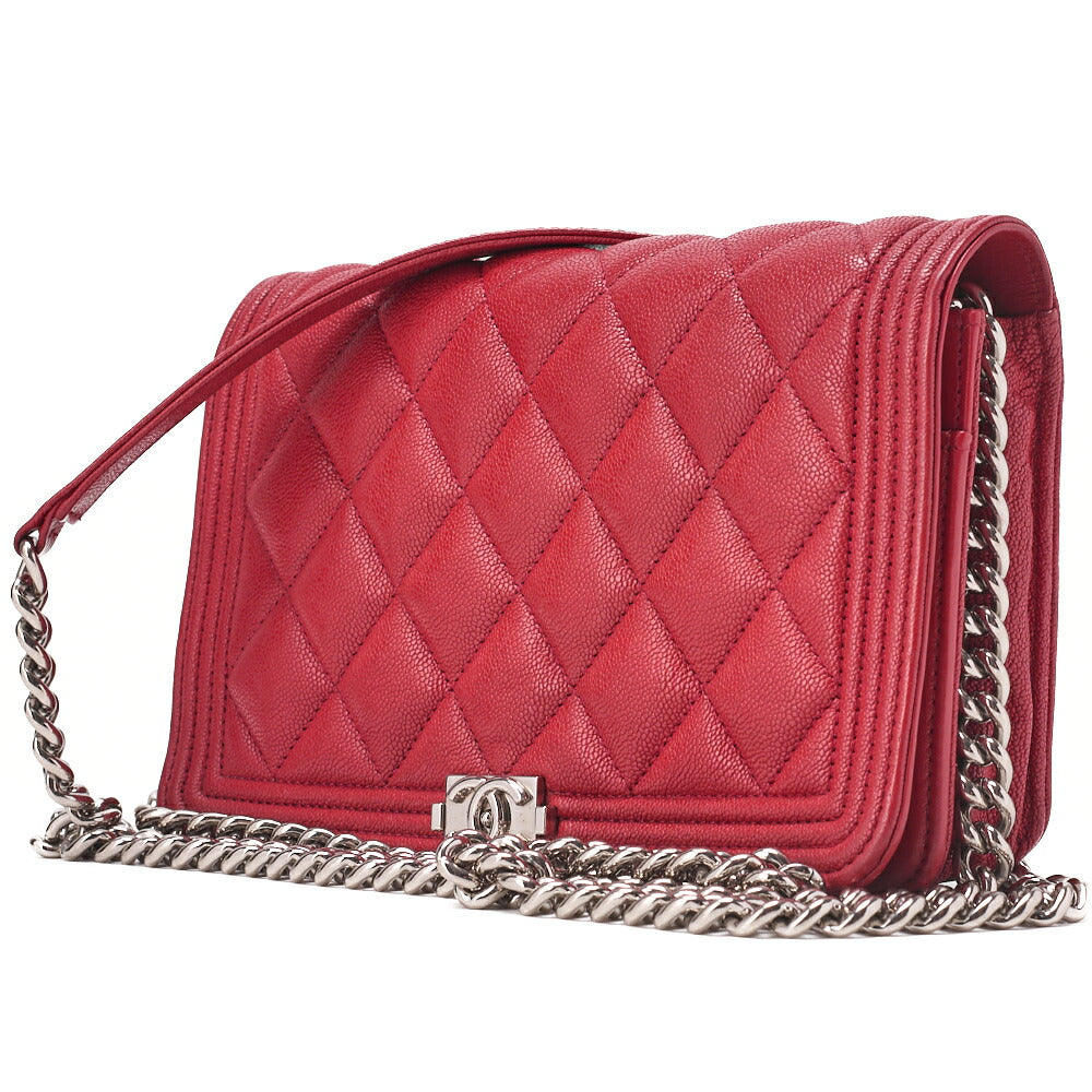 CHANEL Boy Chanel Matelasse Chain Wallet Caviar Skin Red Silver-Tone Hardware, Pre-Owned