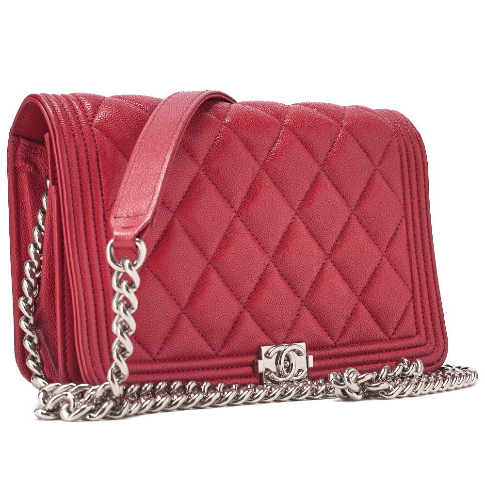 CHANEL Boy Chanel Matelasse Chain Wallet Caviar Skin Red Silver-Tone Hardware, Pre-Owned