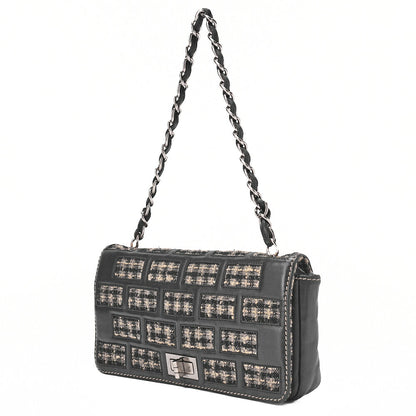 CHANEL Chocolate Bar 2.55 Turnlock Chain Shoulder Lambskin x Tweed Black Silver-Tone Hardware, Pre-Owned